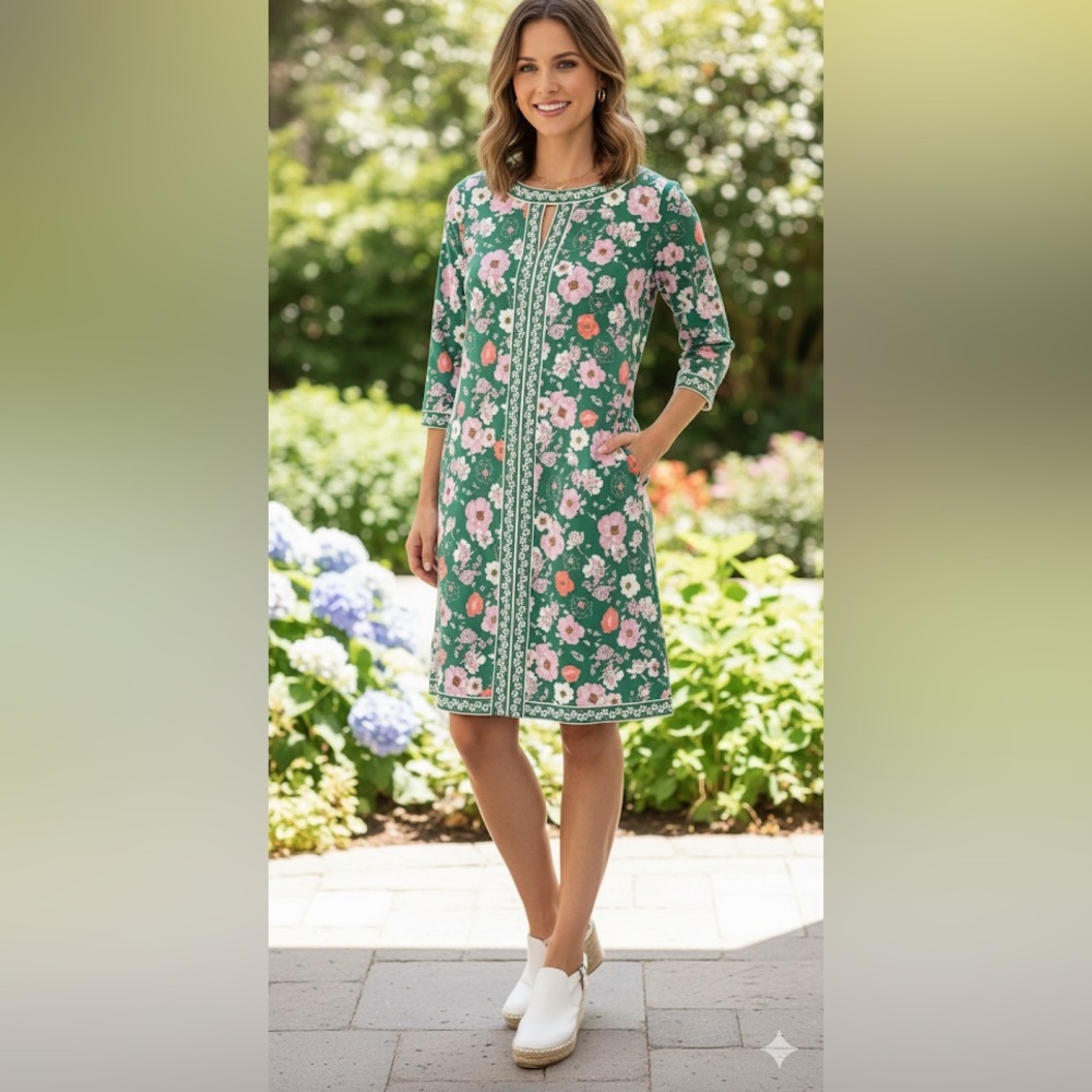 WISP Floral Dress Green Pink 3/4 Sleeves Size 6